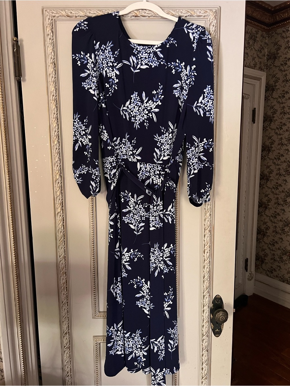 Eliza J Navy Floral Midi Dress Size 18 | Belted Long Sleeve Dress